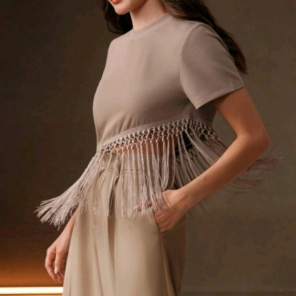 Classic Round Neck Short Sleeve Casual Elegant Fringe Trim High-Quality T-Shirt - Picture 1 of 6